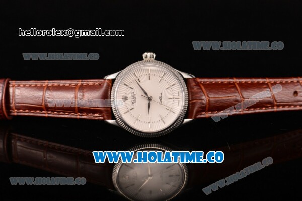 Rolex Cellini Time Asia 2813 Automatic Steel Case with White Dial Brown Leather Strap and Stick Markers - Click Image to Close