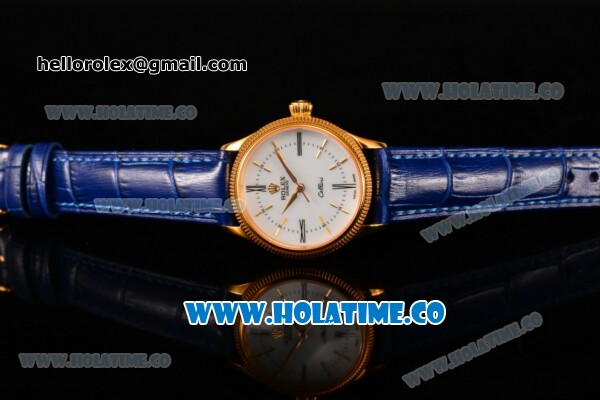 Rolex Cellini Time Asia 2813 Automatic Yellow Gold Case White Dial Blue Leather Strap and Stick/Roman Numeral Markers - Click Image to Close