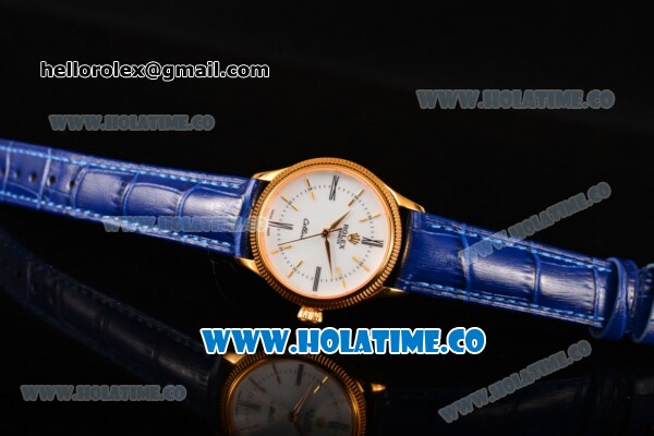 Rolex Cellini Time Asia 2813 Automatic Yellow Gold Case White Dial Blue Leather Strap and Stick/Roman Numeral Markers - Click Image to Close