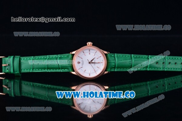 Rolex Cellini Time Asia 2813 Automatic Rose Gold Case with White Dial Green Leather Strap and Stick Markers - Click Image to Close