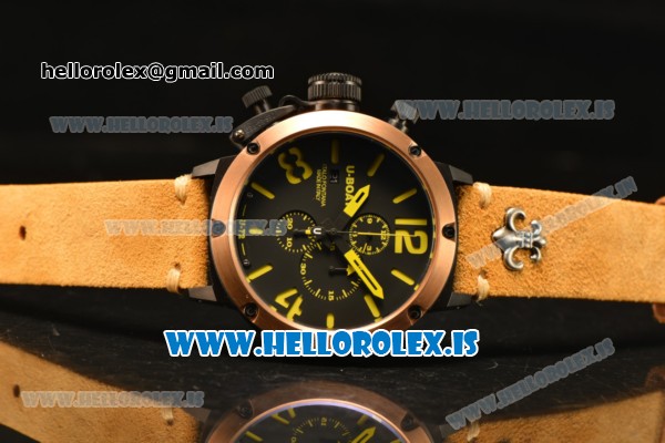 U-Boat Chimera Chronograph OS10 Quartz With Rose Gold Bezel and Black Case Brown Leather Yellow Marker - Click Image to Close