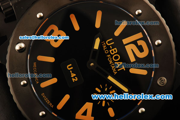 U-Boat U-42 Automatic Movement PVD Case with Black Dial and Black Leather Strap-Orange Markers - Click Image to Close