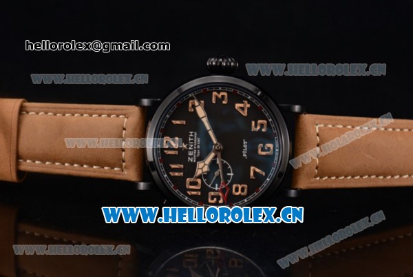 Zenith Pilot Type 20 GMT Asia ST25 Automatic PVD Case with Black Dial Arabic Numeral Markers and Brown Leather Strap - Click Image to Close