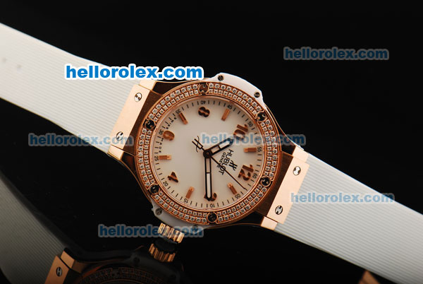 Hublot Big Bang Swiss Quartz Movement White Dial with Diamond Bezel and Rose Gold Stick Markers/Arabic Numerals-Lady Model - Click Image to Close