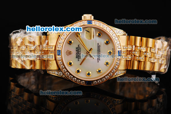 Rolex Datejust Automatic Movement Golden Case with White Dial and Blue Diamond Markers - Click Image to Close